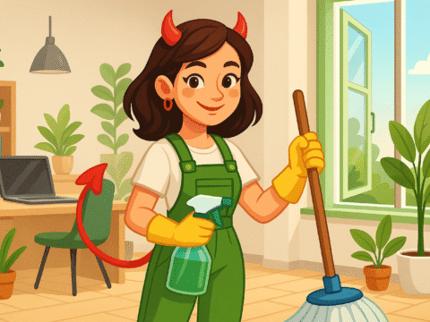 Usmievavá čertica v zelených montérkach upratuje kanceláriu pomocou ekologických čistiacich prostriedkov